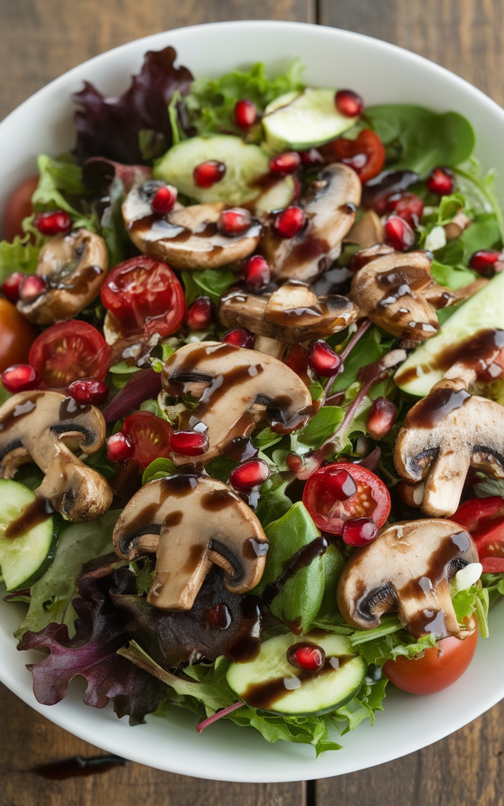 Seasonal Salad with Sautéed Mushrooms and Pomegranate A colorful salad with sautéed mushrooms, mixed greens, cherry tomatoes, cucumber, and pomegranate seeds, dressed with balsamic-honey vinaigrette.